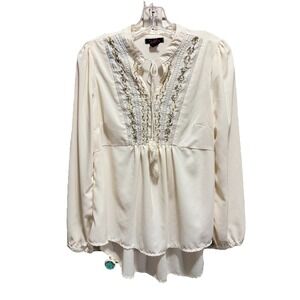 It's Pink Chiffon Cream Tie/Tassel Neck Blouse Size M Long Sleeve Sequin Metalli